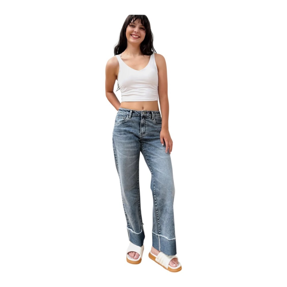 Hint Of Blu Women's 29 Canyon Denim Striped ‎ Relaxed Straight Cuffed Leg Jeans